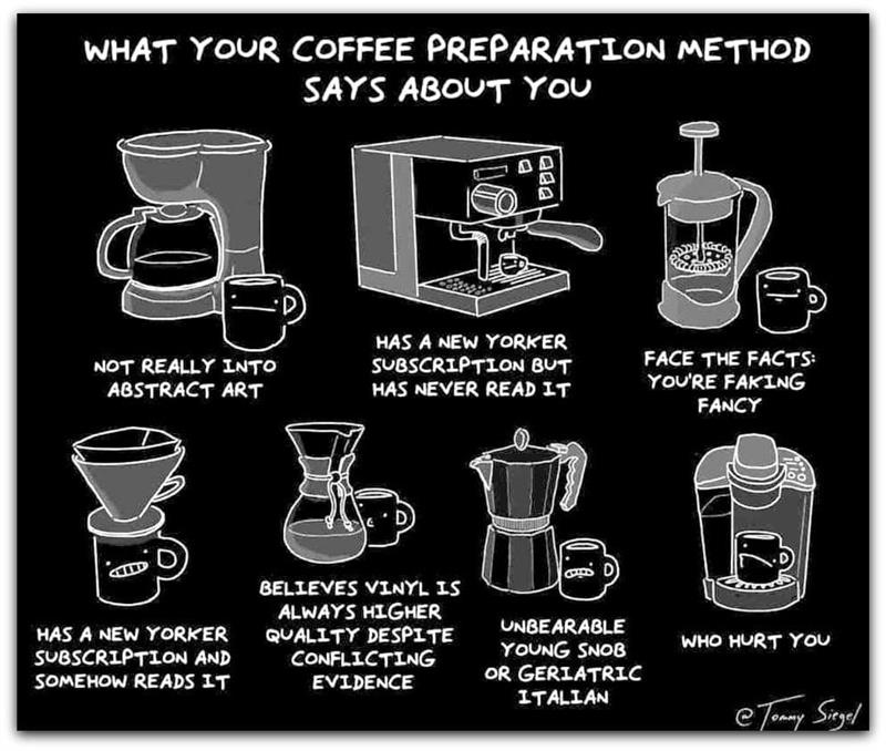 A B&W drawing of seven different ways to prepare coffee. While each is ironic or snarky, the punchline is that a Keurig is captioned "Who hurt you?"